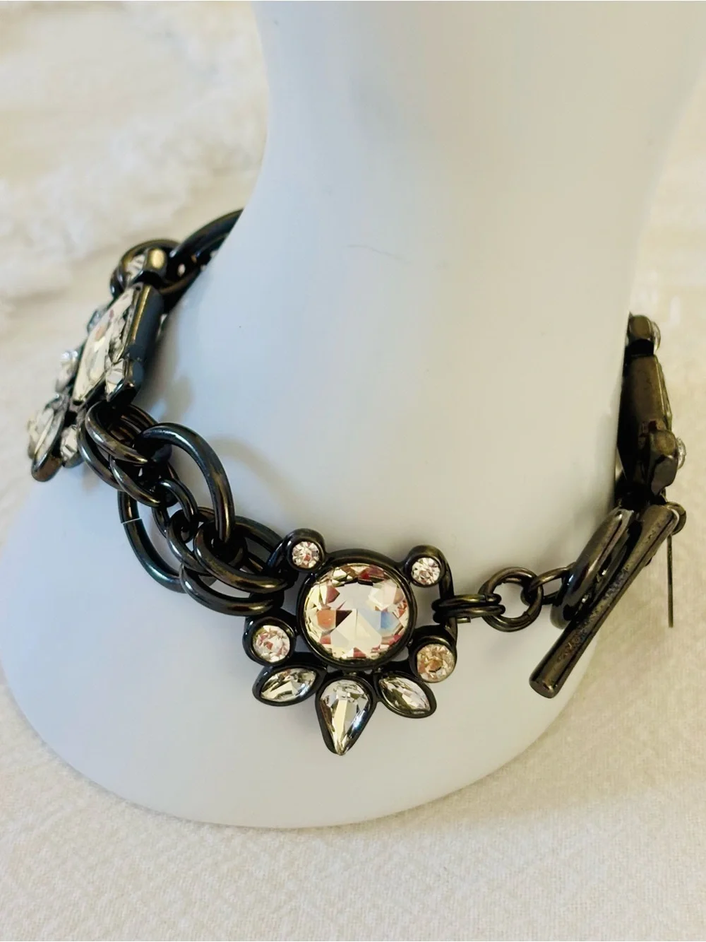White House Black Market Gunmetal Bracelet with Clear Crystal Accents
